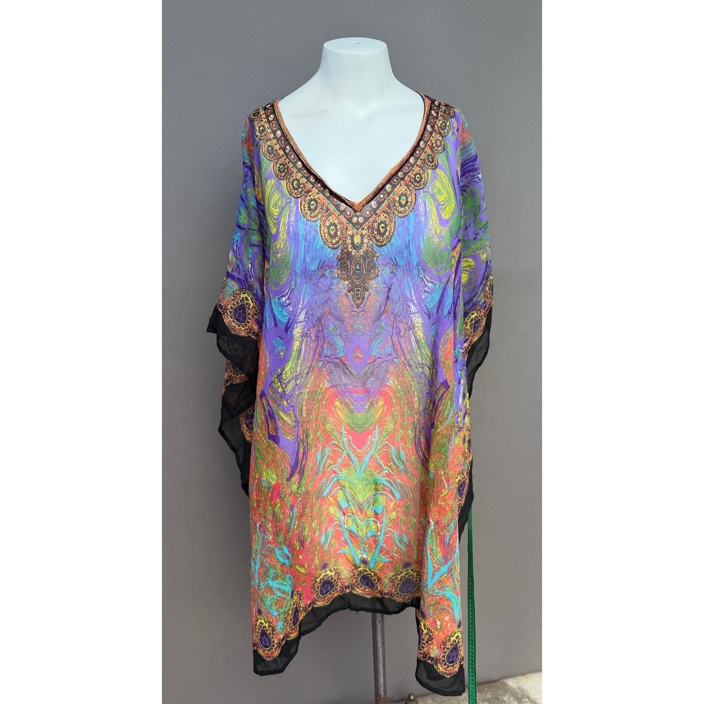 Jessica Taylor Kaftan OS Purple Abstract Embellished Chiffon Coverup Tunic READ